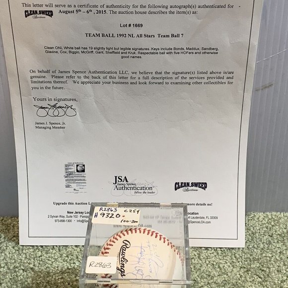 JSA LOA COA 19 Signed Baseball 1992 All-Star Autographed Ball Bonds, R Sandburg - Picture 1 of 6